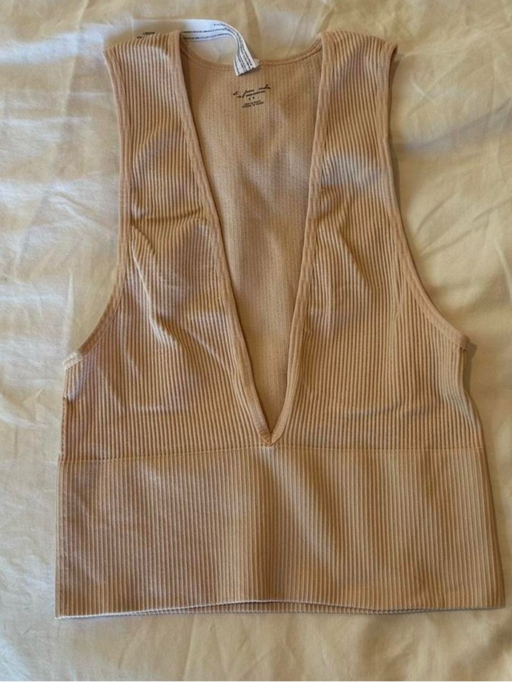 Urban Outfitters Ribbed Deep V Tank Top in Light Beige